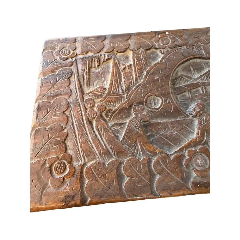 Vintage Hand Carved Camphor Wood Jewelry Box Asian Village Scene Brass Latch 12